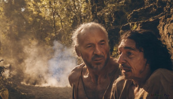 short hair,blue eyes,black hair,white hair,male focus,outdoors,multiple boys,2boys,tree,facial hair,scar,nature,beard,forest,smoke,realistic,mustache,old,old man,smile,closed mouth,upper body,scar on face