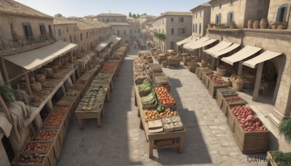 outdoors,food,sky,day,tree,no humans,window,fruit,shadow,table,bottle,plant,building,scenery,stairs,city,apple,basket,potted plant,road,cityscape,house,bread,bridge,street,town,barrel,balcony,pavement,chimney,cart,blue sky,fantasy,carrot,meat,tomato,vegetable,crate