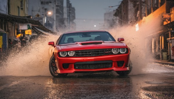 outdoors,no humans,ground vehicle,building,scenery,motor vehicle,city,sign,car,road,vehicle focus,lamppost,street,road sign,sports car,truck,sky,smoke,dust