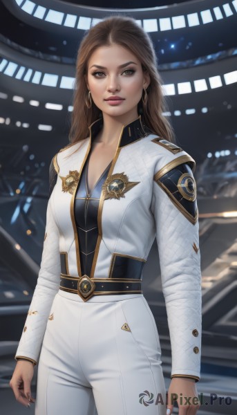 1girl,solo,long hair,breasts,looking at viewer,brown hair,long sleeves,cleavage,brown eyes,jewelry,medium breasts,closed mouth,standing,jacket,cowboy shot,earrings,belt,pants,uniform,lips,bodysuit,makeup,white jacket,science fiction,hoop earrings,realistic,white pants,nose,arms at sides,animification,nail polish,military,military uniform,emblem