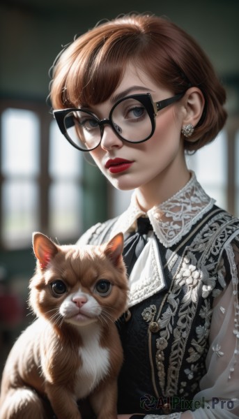 1girl,solo,looking at viewer,short hair,bangs,blue eyes,brown hair,shirt,long sleeves,dress,ribbon,holding,jewelry,closed mouth,white shirt,upper body,earrings,glasses,indoors,hair bun,blurry,vest,lips,see-through,window,makeup,depth of field,blurry background,animal,cat,lipstick,black-framed eyewear,realistic,nose,round eyewear,red lips,holding animal,holding cat,blush,parted lips,ascot,eyelashes