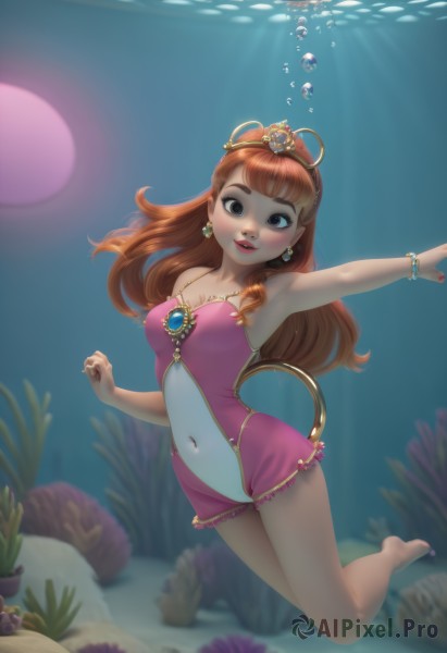 1girl,solo,long hair,breasts,looking at viewer,smile,bangs,blue eyes,brown hair,navel,cleavage,bare shoulders,brown eyes,jewelry,medium breasts,swimsuit,full body,earrings,frills,parted lips,barefoot,teeth,artist name,armpits,water,necklace,nail polish,orange hair,bracelet,covered nipples,lips,one-piece swimsuit,strapless,covered navel,makeup,sunlight,tiara,crown,outstretched arm,lipstick,gem,red nails,pink nails,fish,bubble,toenails,pink lips,underwater,toenail polish,air bubble,casual one-piece swimsuit,swimming,submerged,freediving,coral,pink one-piece swimsuit,blush,collarbone,tail,small breasts,blurry,black eyes,blurry background,ocean,freckles