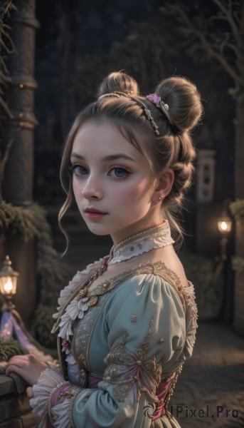 1girl,solo,looking at viewer,blue eyes,brown hair,hair ornament,long sleeves,dress,jewelry,closed mouth,upper body,flower,earrings,outdoors,frills,choker,puffy sleeves,hair flower,necklace,hair bun,blurry,black eyes,from side,tree,lips,looking to the side,grey eyes,eyelashes,double bun,makeup,night,depth of field,blurry background,blue dress,juliet sleeves,frilled sleeves,brooch,gem,freckles,lantern,realistic,nose,red lips,single hair bun,lace trim,lace