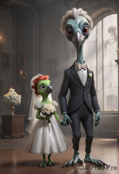 1girl,red eyes,1boy,dress,bow,flower,hetero,red hair,barefoot,indoors,bowtie,white dress,mask,rose,colored skin,holding hands,formal,suit,couple,white flower,monster girl,veil,crossdressing,height difference,bouquet,wedding dress,bridal veil,green skin,white rose,interspecies,bride,traditional bowtie,husband and wife,wedding,tuxedo,beak,church,fewer digits,role reversal,groom,blue eyes,holding,jewelry,standing,jacket,pants,necklace,looking at another,black jacket,window,bird,black pants,feathers,child,blue skin,black suit,chandelier