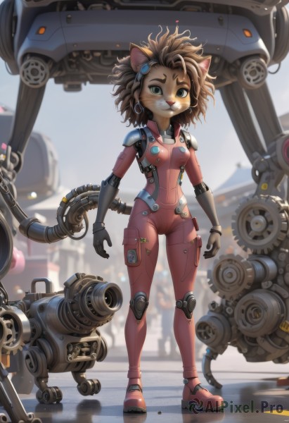 1girl,solo,breasts,looking at viewer,smile,short hair,blue eyes,brown hair,hair ornament,gloves,animal ears,green eyes,standing,tail,full body,small breasts,outdoors,cat ears,blurry,bodysuit,blurry background,robot,furry,science fiction,furry female,cable,mechanical arms,cyborg,animal nose,red bodysuit,jewelry,closed mouth,earrings,day,black gloves,hairclip,artist name,white gloves,signature,bracelet,cat tail,depth of field,cat girl,ground vehicle,messy hair,mecha,motor vehicle,zipper,curly hair,pouch,hoop earrings,arms at sides,pink footwear,pilot suit,body fur,jumpsuit