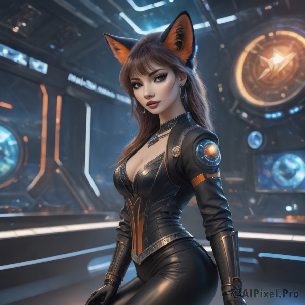 1girl,solo,long hair,breasts,looking at viewer,bangs,brown hair,gloves,animal ears,cleavage,brown eyes,jewelry,medium breasts,sitting,jacket,earrings,parted lips,choker,black gloves,belt,pants,artist name,indoors,cat ears,necklace,mole,blurry,lips,black jacket,bodysuit,makeup,black pants,lipstick,pendant,eyeshadow,science fiction,hoop earrings,realistic,nose,black bodysuit,red lips,eyeliner,leather,leather pants,long sleeves,cowboy shot,open clothes,fingerless gloves,collar,from side,open jacket,looking to the side,fox ears,eyelashes,blurry background,fake animal ears,web address,cropped jacket,tight,leather jacket,tight pants