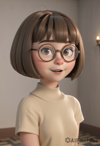 1girl,solo,breasts,looking at viewer,blush,smile,short hair,open mouth,bangs,brown hair,shirt,brown eyes,upper body,short sleeves,small breasts,parted lips,glasses,teeth,indoors,blunt bangs,blurry,sweater,lips,blurry background,turtleneck,upper teeth only,bob cut,thick eyebrows,freckles,black-framed eyewear,nose,round eyewear,ahoge,eyelashes,turtleneck sweater,realistic,brown-framed eyewear