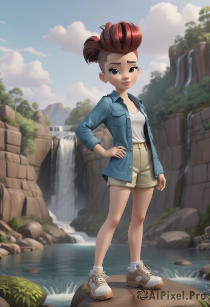 1girl,solo,breasts,looking at viewer,short hair,blue eyes,brown hair,shirt,long sleeves,closed mouth,standing,collarbone,jacket,full body,white shirt,red hair,small breasts,outdoors,open clothes,sky,shoes,shorts,day,socks,artist name,cloud,water,hair bun,open jacket,tree,blue sky,lips,hand on hip,short shorts,denim,blue jacket,sneakers,pocket,rock,breast pocket,brown shorts,river,waterfall,pompadour,cliff,denim jacket,smile,black eyes,grass,white socks,denim shorts,mohawk,stream