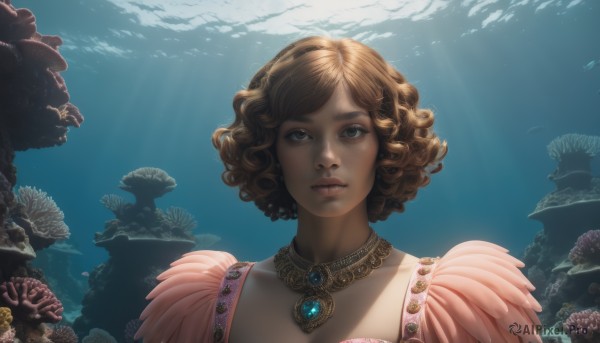 1girl,solo,looking at viewer,short hair,brown hair,dress,brown eyes,jewelry,closed mouth,upper body,dark skin,water,necklace,dark-skinned female,lips,watermark,sunlight,gem,portrait,pink dress,pendant,curly hair,light rays,underwater,realistic,nose,sunbeam,coral,cleavage,feathers,fish