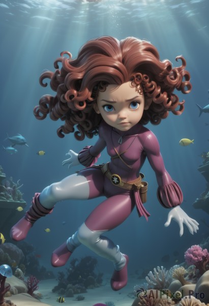 1girl,solo,long hair,breasts,looking at viewer,blue eyes,brown hair,gloves,full body,small breasts,boots,belt,water,bodysuit,ocean,sunlight,skin tight,fish,bubble,curly hair,serious,light rays,underwater,air bubble,sunbeam,purple bodysuit,turtle,freediving,coral,seaweed,holding breath,jewelry,necklace,lips,frown,child,pouch,rock,pink footwear,belt pouch,superhero