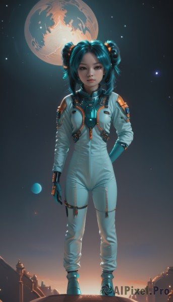 1girl,solo,breasts,looking at viewer,smile,short hair,gloves,brown eyes,blue hair,standing,full body,small breasts,sky,dark skin,medium hair,hair bun,dark-skinned female,lips,hand on hip,double bun,aqua hair,bodysuit,moon,star (sky),full moon,backlighting,arm behind back,science fiction,realistic,nose,blue gloves,space,planet,spacecraft,spacesuit,black hair,parted lips,arms behind back,earth (planet)