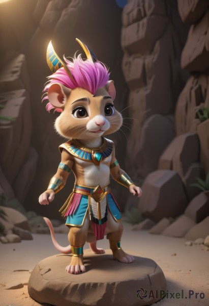 solo,looking at viewer,short hair,1boy,animal ears,brown eyes,jewelry,standing,tail,full body,pink hair,male focus,multicolored hair,horns,barefoot,necklace,blurry,bracelet,furry,topless male,rock,furry male,loincloth,whiskers,lion boy,elephant,open mouth,outdoors,sky,artist name,no humans,gem,armlet,mouse,brown fur