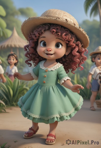 1girl,long hair,looking at viewer,smile,open mouth,multiple girls,brown hair,shirt,1boy,hat,dress,full body,short sleeves,outdoors,multiple boys,sky,shorts,solo focus,day,dark skin,2boys,blurry,black eyes,dark-skinned female,tree,blue sky,depth of field,blurry background,blue dress,umbrella,sandals,grass,child,freckles,curly hair,green dress,palm tree,straw hat,female child,male child,flip-flops,aqua dress,2girls,brown eyes,standing,frills,3girls,flat chest,sun hat