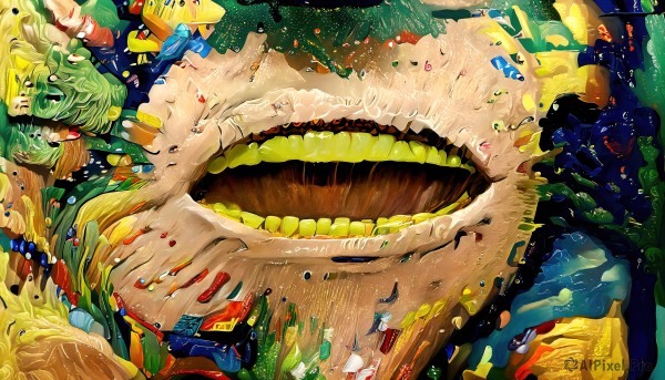 HQ,1girl,smile,open mouth,1boy,hat,food,green hair,teeth,sharp teeth,fish,monster,surreal,tongue,no humans,dragon,confetti,colorful