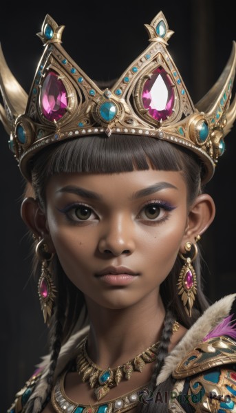 1girl,solo,long hair,looking at viewer,bangs,simple background,black hair,brown eyes,jewelry,closed mouth,braid,earrings,dark skin,blunt bangs,necklace,dark-skinned female,lips,eyelashes,makeup,feathers,crown,black background,gem,portrait,eyeshadow,freckles,realistic,brown hair,fur trim