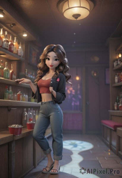 1girl,solo,long hair,breasts,looking at viewer,smile,brown hair,shirt,navel,cleavage,brown eyes,jewelry,medium breasts,standing,collarbone,jacket,full body,food,open clothes,midriff,pants,indoors,necklace,blurry,open jacket,cup,lips,black jacket,crop top,makeup,wavy hair,sandals,bottle,denim,red shirt,candy,alcohol,drinking glass,cropped jacket,jeans,lollipop,red lips,stool,capri pants,bar (place),long sleeves,holding,earrings,parted lips,nail polish,black eyes,toes,blurry background,lipstick,red nails,toenails,toenail polish,counter,ceiling light,denim jacket