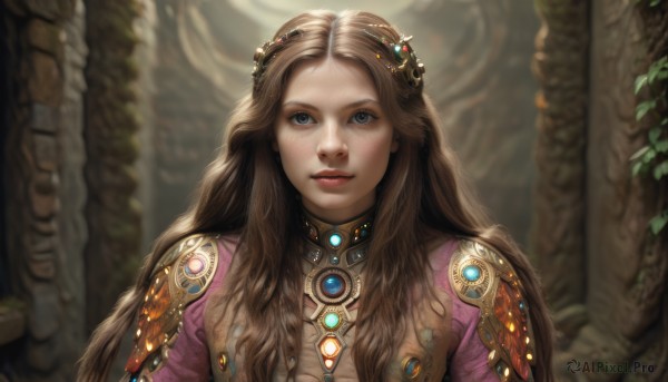 1girl,solo,long hair,looking at viewer,blue eyes,brown hair,hair ornament,jewelry,upper body,parted lips,armor,blurry,lips,depth of field,blurry background,gem,freckles,realistic,nose,fantasy,blush,teeth,grey eyes,leaf,wavy hair,portrait,curly hair