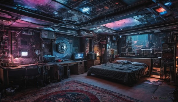 indoors,pillow,no humans,window,bed,chair,table,building,scenery,science fiction,city,realistic,blanket,lamp,cityscape,cable,computer,monitor,cup,book,night,bottle,desk,clock,bedroom,television,speaker,wire,radio