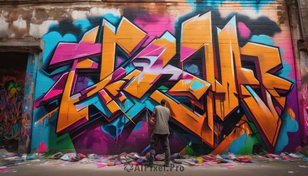 1girl,solo,long hair,short hair,shirt,black hair,1boy,standing,jacket,full body,white shirt,male focus,shoes,pants,from behind,black footwear,mask,black pants,t-shirt,sneakers,grey shirt,facing away,wall,paint splatter,paint,graffiti,spray can,long sleeves,holding,grey hair,paintbrush,wide shot,crack,colorful,rubble,skateboard,cracked wall