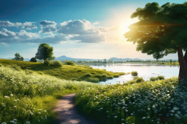 flower,outdoors,sky,day,cloud,water,tree,blue sky,no humans,bird,sunlight,cloudy sky,grass,white flower,nature,scenery,forest,reflection,mountain,sun,horizon,bush,field,river,landscape,lake,plant,road,path