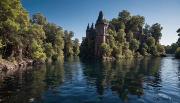 outdoors,sky,day,cloud,water,tree,blue sky,no humans,sunlight,building,nature,scenery,forest,reflection,river,castle,tower,lake,reflective water,fantasy,bridge