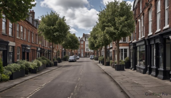 outdoors,sky,day,cloud,tree,blue sky,no humans,window,cloudy sky,plant,ground vehicle,building,scenery,motor vehicle,city,fence,car,road,bush,house,lamppost,street,pavement,crosswalk,sidewalk,utility pole