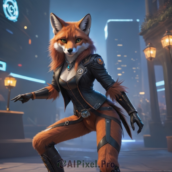 1girl,solo,breasts,looking at viewer,smile,gloves,animal ears,cleavage,jewelry,medium breasts,green eyes,standing,jacket,tail,boots,outdoors,open clothes,belt,pants,artist name,necklace,black footwear,blurry,open jacket,black jacket,fox ears,night,blurry background,fox tail,watermark,knee boots,brooch,gauntlets,building,claws,furry,colored sclera,city,furry female,body fur,mechanical arms,leather,lamppost,orange fur,long hair,shirt,closed mouth,sky,orange hair,fox girl,cropped jacket,fantasy,fox,city lights