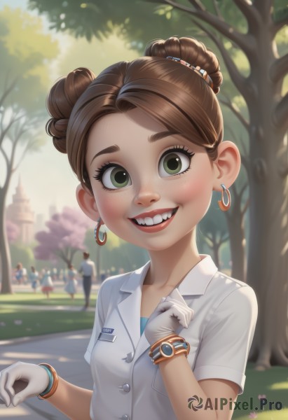 1girl,breasts,looking at viewer,blush,smile,short hair,open mouth,multiple girls,brown hair,shirt,gloves,jewelry,green eyes,collarbone,white shirt,upper body,short sleeves,:d,earrings,small breasts,outdoors,teeth,solo focus,day,collared shirt,artist name,white gloves,hair bun,blurry,bracelet,tree,lips,eyelashes,double bun,makeup,buttons,depth of field,blurry background,sunlight,single hair bun,thick eyebrows,blue shirt,child,forehead,freckles,watch,female child,wristwatch,people,solo,grin,realistic,nose