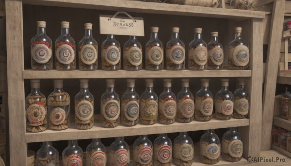 indoors,no humans,bottle,scenery,shelf,jar,shop,still life,english text,cup,box,alcohol,sign,fantasy,wine bottle,bar (place),counter,barrel