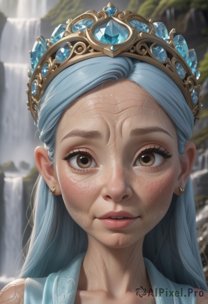 1girl,solo,long hair,looking at viewer,brown eyes,jewelry,blue hair,collarbone,earrings,outdoors,parted lips,teeth,artist name,water,blurry,lips,eyelashes,depth of field,blurry background,watermark,tiara,crown,gem,portrait,forehead,freckles,veins,crystal,realistic,nose,waterfall,blue gemstone