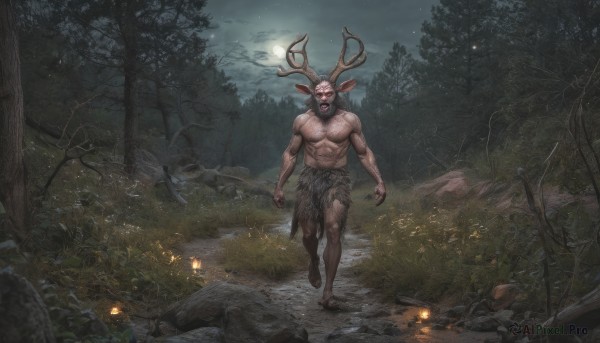 solo,open mouth,1boy,animal ears,full body,male focus,outdoors,sky,teeth,cloud,tree,muscular,night,glowing,abs,moon,grass,pectorals,muscular male,nature,night sky,glowing eyes,full moon,forest,walking,topless male,running,rock,dark,antlers,blank eyes,horror (theme),reindeer antlers,moonlight,deer,navel,leaf,sandals,scenery,lantern,bald,deer ears,fireflies