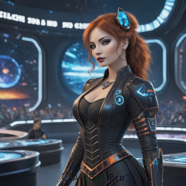 1girl,solo,long hair,breasts,looking at viewer,blue eyes,large breasts,brown hair,hair ornament,cleavage,jewelry,medium breasts,standing,cowboy shot,earrings,solo focus,belt,necklace,hair bun,orange hair,armor,mole,blurry,black dress,lips,bodysuit,makeup,blurry background,gauntlets,pendant,eyeshadow,freckles,science fiction,realistic,nose,eyeliner,neon lights,hologram,1boy,artist name,watermark,single hair bun,web address