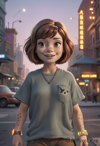 1girl,solo,looking at viewer,smile,short hair,bangs,brown hair,shirt,brown eyes,jewelry,standing,short sleeves,cowboy shot,outdoors,parted lips,shorts,teeth,pants,artist name,necklace,grin,blurry,flat chest,bracelet,lips,night,depth of field,blurry background,bob cut,thick eyebrows,ground vehicle,t-shirt,building,child,grey shirt,motor vehicle,freckles,watch,city,arms at sides,female child,car,wristwatch,road,lamppost,street,body freckles,solo focus,blue shirt,realistic,nose,brown shorts