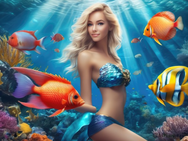 1girl,solo,long hair,breasts,looking at viewer,smile,blue eyes,blonde hair,bare shoulders,medium breasts,collarbone,swimsuit,bikini,water,lips,strapless,ocean,animal,sunlight,blue bikini,fish,bubble,light rays,underwater,realistic,bandeau,air bubble,mermaid,sunbeam,shell,swimming,strapless bikini,coral,clownfish,parted lips,makeup,watermark,monster girl