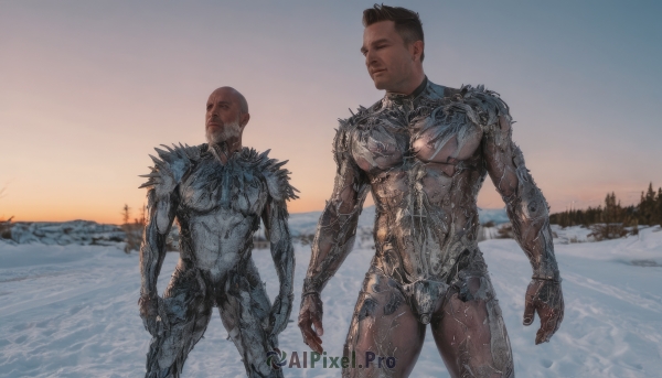 short hair,black hair,closed mouth,nipples,standing,male focus,outdoors,multiple boys,dark skin,2boys,water,armor,tree,wet,bodysuit,muscular,facial hair,dark-skinned male,muscular male,beard,snow,science fiction,realistic,arms at sides,bald,very short hair,navel,closed eyes,thighs,nude,sky,beach,abs,pectorals,bara,spikes,large pectorals,sunset,monster,chest hair