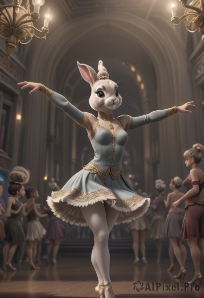 breasts,multiple girls,skirt,brown hair,long sleeves,dress,animal ears,cleavage,bare shoulders,jewelry,medium breasts,standing,full body,pantyhose,small breasts,detached sleeves,solo focus,artist name,indoors,necklace,hair bun,rabbit ears,blurry,black dress,arms up,mask,depth of field,blurry background,blue dress,6+girls,animal,watermark,single hair bun,outstretched arms,pink dress,furry,reflection,white pantyhose,rabbit,furry female,on head,dancing,crowd,whiskers,reflective floor,chandelier,ballerina,ballet slippers,ballet,tutu,looking at viewer,armpits,arm up,high heels,candle,people