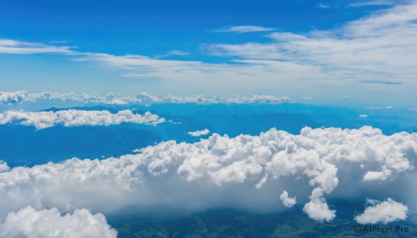 outdoors,sky,day,cloud,blue sky,no humans,cloudy sky,nature,scenery,blue theme,horizon,landscape,above clouds,monochrome,flying