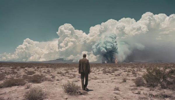 solo,short hair,black hair,long sleeves,1boy,standing,jacket,male focus,outdoors,sky,shoes,day,pants,cloud,from behind,black footwear,blue sky,black jacket,ocean,black pants,formal,cloudy sky,suit,fire,scenery,smoke,brown jacket,sand,arms at sides,horizon,facing away,wide shot,beach