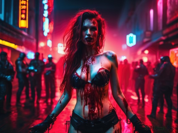 1girl,long hair,breasts,large breasts,gloves,navel,cleavage,bare shoulders,medium breasts,underwear,red hair,outdoors,multiple boys,solo focus,black gloves,midriff,bra,blurry,lips,blood,night,blurry background,glowing,lipstick,cuffs,blood on face,city,realistic,blood on clothes,police,zombie,death,cyberpunk,neon lights,black hair,jewelry,swimsuit,bikini,shorts,belt,strapless,makeup,piercing,navel piercing,guro