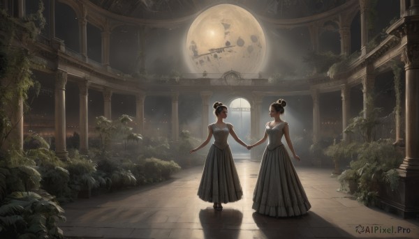 1girl,short hair,multiple girls,black hair,hair ornament,dress,2girls,bare shoulders,standing,flower,sleeveless,indoors,hair bun,from behind,black footwear,white dress,looking at another,black dress,window,night,holding hands,moon,single hair bun,plant,star (sky),scenery,full moon,reflection,long dress,clock,grey dress,ruins,pillar,arch,column,artist name,dark skin,dark-skinned female,contrast