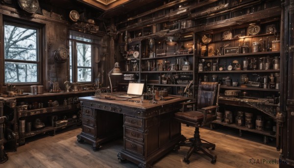 day,indoors,tree,cup,book,no humans,window,chair,table,sunlight,bottle,plant,box,scenery,snow,desk,alcohol,wooden floor,clock,bookshelf,lamp,stool,shelf,jar,barrel,cabinet,loaded interior,bare tree,drawer,candlestand,radio,globe