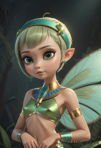 1girl,solo,breasts,looking at viewer,smile,short hair,bangs,blonde hair,hair ornament,navel,bare shoulders,jewelry,closed mouth,green eyes,upper body,ahoge,hairband,earrings,small breasts,outdoors,parted lips,green hair,wings,pointy ears,midriff,shiny,artist name,stomach,blurry,bracelet,covered nipples,lips,crop top,eyelashes,blurry background,swept bangs,gem,nature,armlet,forest,freckles,nose,fairy wings,fairy,bracer,butterfly wings,green hairband,green wings