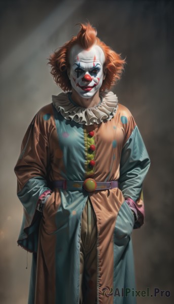 solo,looking at viewer,smile,short hair,brown hair,long sleeves,1boy,standing,male focus,red hair,belt,orange hair,lips,coat,makeup,mask,lipstick,curly hair,hands in pockets,facepaint,afro,clown,1girl,teeth,polka dot,evil smile,topknot,horror (theme)