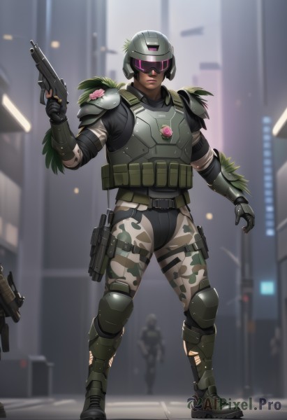 solo,looking at viewer,gloves,1boy,holding,standing,full body,weapon,male focus,boots,green hair,solo focus,black gloves,belt,pants,dark skin,holding weapon,armor,blurry,vest,gun,military,muscular,blurry background,dark-skinned male,helmet,shoulder armor,holding gun,rifle,handgun,realistic,assault rifle,knee pads,shoulder pads,camouflage,soldier,bullpup,bulletproof vest,camouflage pants,1girl,pink eyes,goggles,science fiction,pouch,armored boots,holster,trigger discipline,thigh holster,elbow pads,cyberpunk,tactical clothes