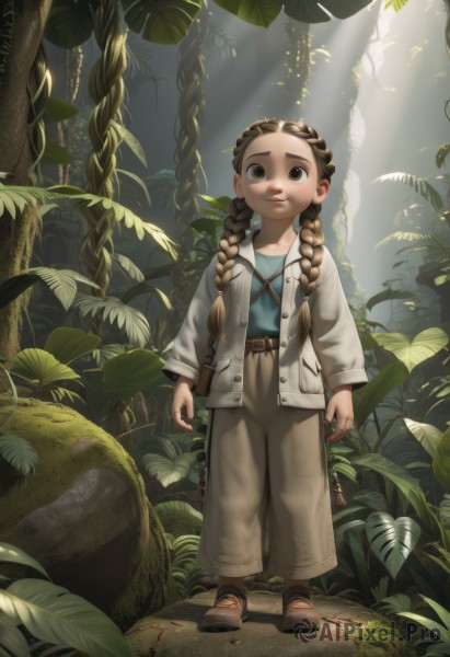 1girl,solo,long hair,looking at viewer,brown hair,shirt,long sleeves,twintails,brown eyes,closed mouth,standing,jacket,full body,braid,outdoors,open clothes,shoes,day,belt,pants,bag,twin braids,open jacket,tree,leaf,brown footwear,sunlight,white jacket,blue shirt,plant,child,nature,hair over shoulder,forest,light rays,rock,arms at sides,female child,grey pants,sunbeam,brown pants,smile,dress,vest,sandals,forehead