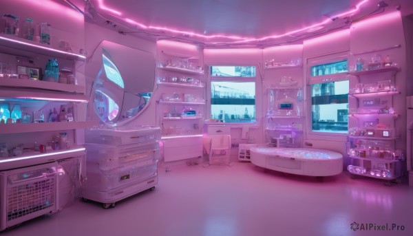 indoors,cup,no humans,bottle,box,scenery,science fiction,monitor,shelf,ceiling light,neon lights,crystal,can,light,pink theme,shop,bar (place),vending machine,refrigerator