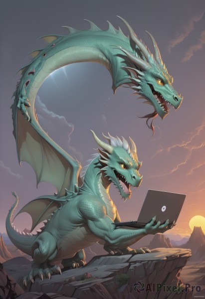 open mouth,holding,tail,yellow eyes,outdoors,wings,horns,sky,teeth,tongue,cloud,orange eyes,no humans,cloudy sky,sharp teeth,claws,colored sclera,sunset,monster,mountain,dragon,sun,scales,computer,laptop,sunrise,cliff,signature,glowing,fangs,dragon wings,tablet pc,kaijuu