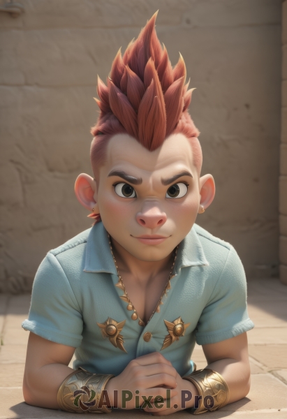 solo,looking at viewer,blush,smile,short hair,brown hair,shirt,1boy,brown eyes,jewelry,closed mouth,upper body,short sleeves,male focus,red hair,collared shirt,artist name,necklace,blurry,bracelet,blurry background,own hands together,blue shirt,spiked hair,child,freckles,realistic,bracer,male child,mohawk,earrings