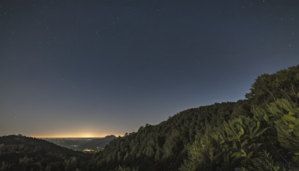 outdoors,sky,cloud,tree,no humans,night,grass,plant,star (sky),nature,night sky,scenery,forest,starry sky,sunset,mountain,landscape,mountainous horizon,hill,water,ocean,rock,horizon