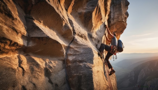 solo,short hair,shirt,black hair,1boy,hat,standing,male focus,outdoors,sky,shoes,day,pants,water,bag,from behind,dutch angle,brown footwear,black pants,sandals,backpack,outstretched arm,scenery,baseball cap,rock,mountain,sand,wide shot,cliff,1girl,gloves,blue hair,desert